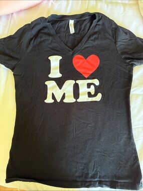 Black V-Neck Tee with Red Heart "I ♥ ME" Graphic